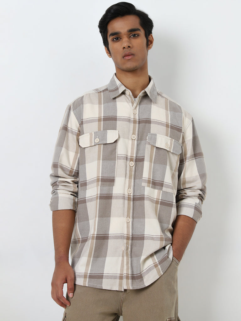 Nuon Grey Checkered Relaxed-Fit Shirt