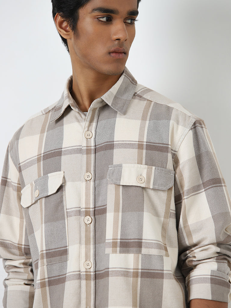 Nuon Grey Checkered Relaxed-Fit Shirt