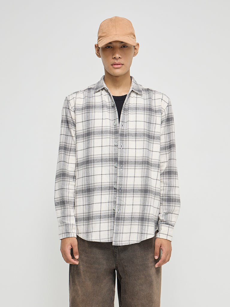 Nuon Grey Checkered Relaxed-Fit Cotton-Blend Shirt