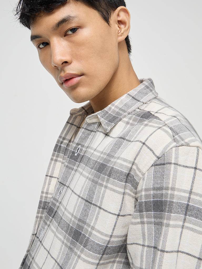 Nuon Grey Checkered Relaxed-Fit Cotton-Blend Shirt