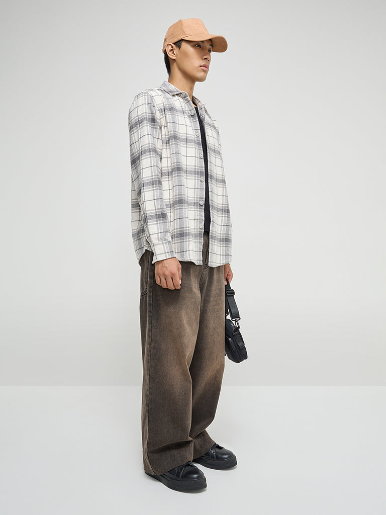 Nuon Grey Checkered Relaxed-Fit Shirt