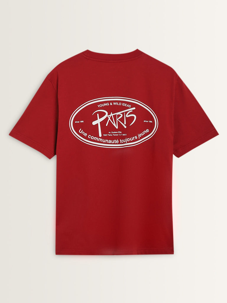 Nuon Red Text Design Relaxed-Fit Cotton T-Shirt