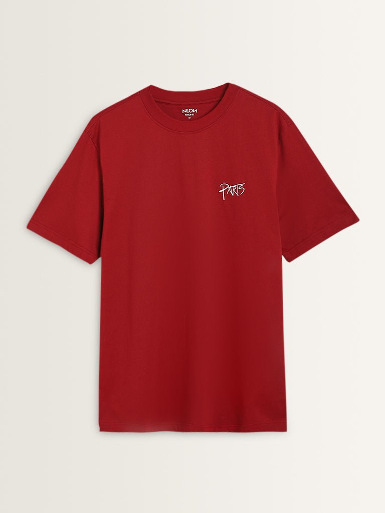 Nuon Red Text Design Relaxed-Fit Cotton T-Shirt