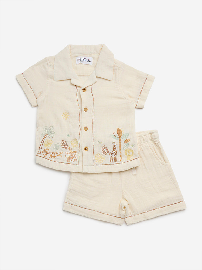 HOP Baby Off-White Embroidered Cotton Shirt and Shorts Set