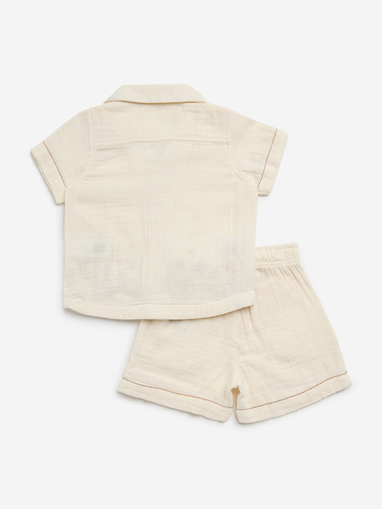 HOP Baby Off-White Embroidered Cotton Shirt and Shorts Set