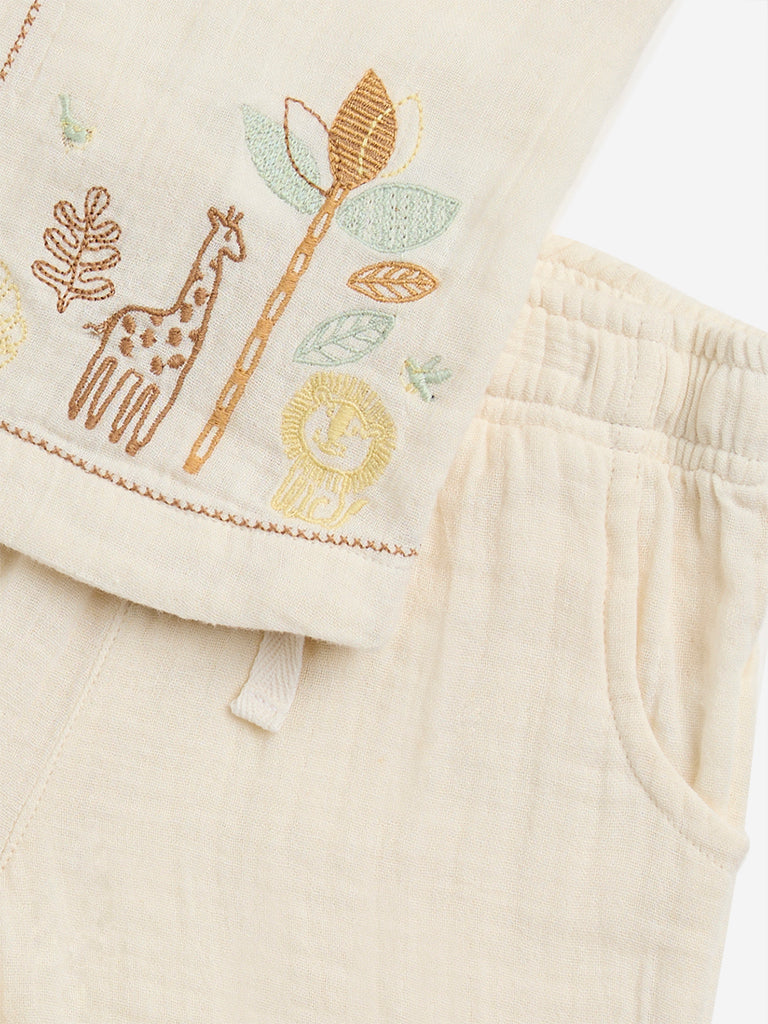 HOP Baby Off-White Embroidered Cotton Shirt and Shorts Set