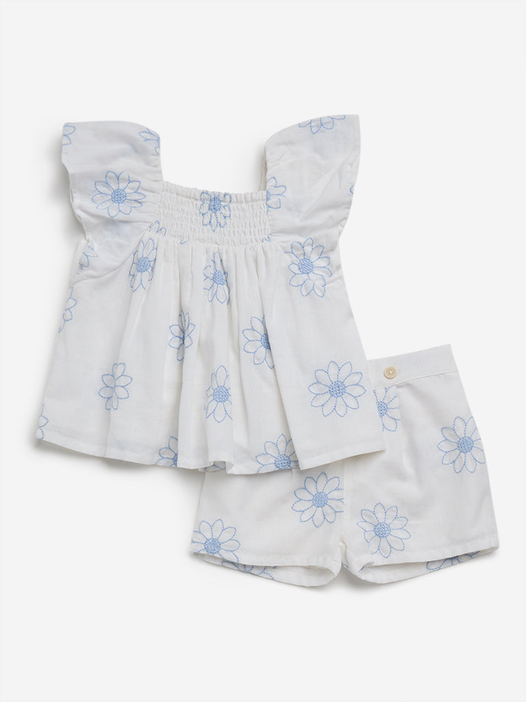 HOP Baby White Floral Printed Cotton Top and Shorts Set