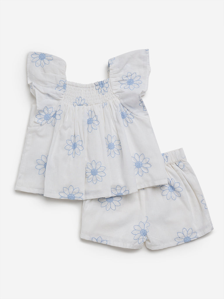 HOP Baby White Floral Printed Cotton Top and Shorts Set