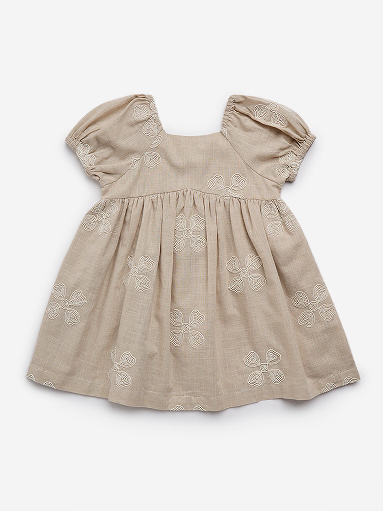 HOP Baby Dark Beige Floral Embroidered Empire Line Cotton Dress