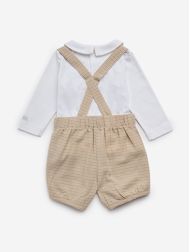 HOP Baby Beige Checkered Dungaree & Cotton T-Shirt Set