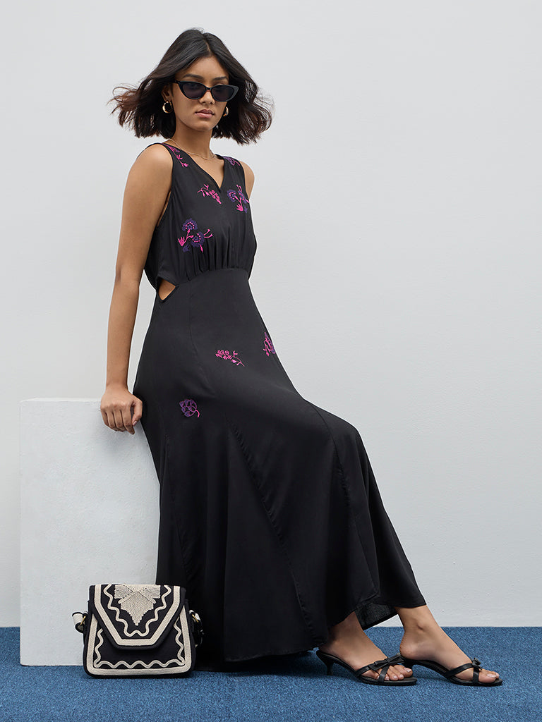 Bombay Paisley Black Floral Embroidered A-Line Dress