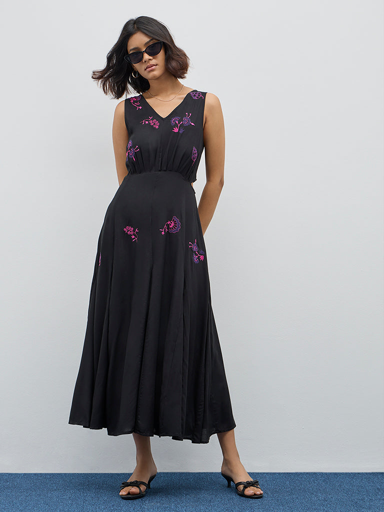 Bombay Paisley Black Floral Embroidered A-Line Dress