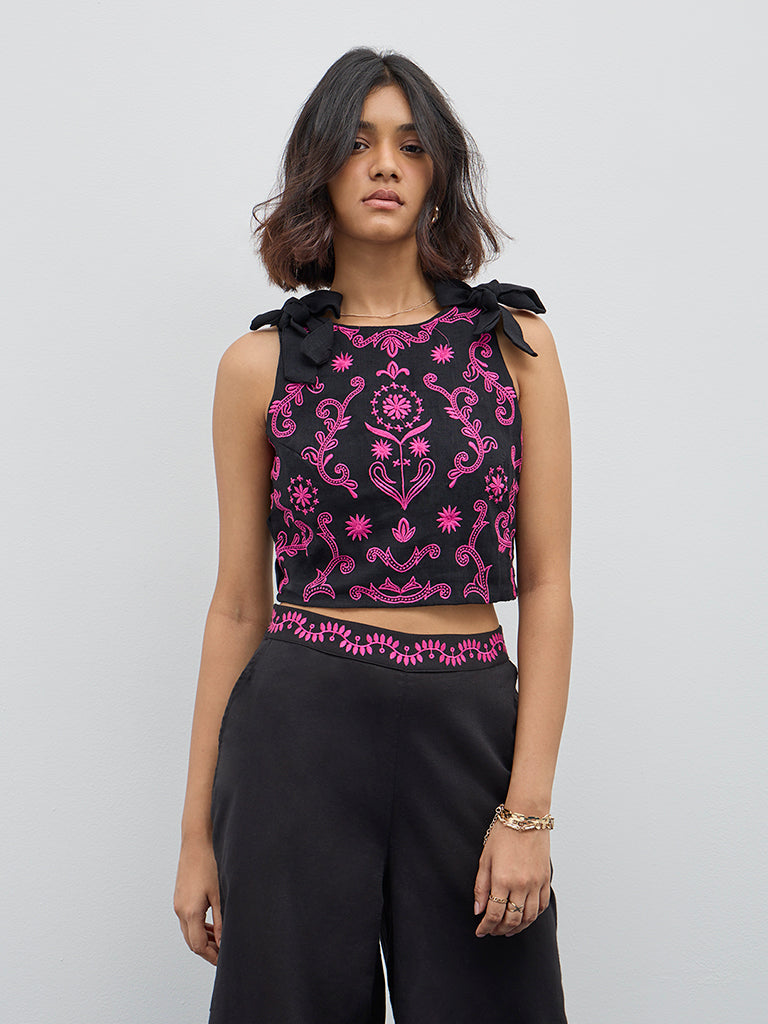 Bombay Paisley Black Embroidered Cotton Blend Top