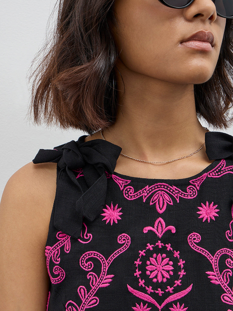 Bombay Paisley Black Embroidered Cotton Blend Top