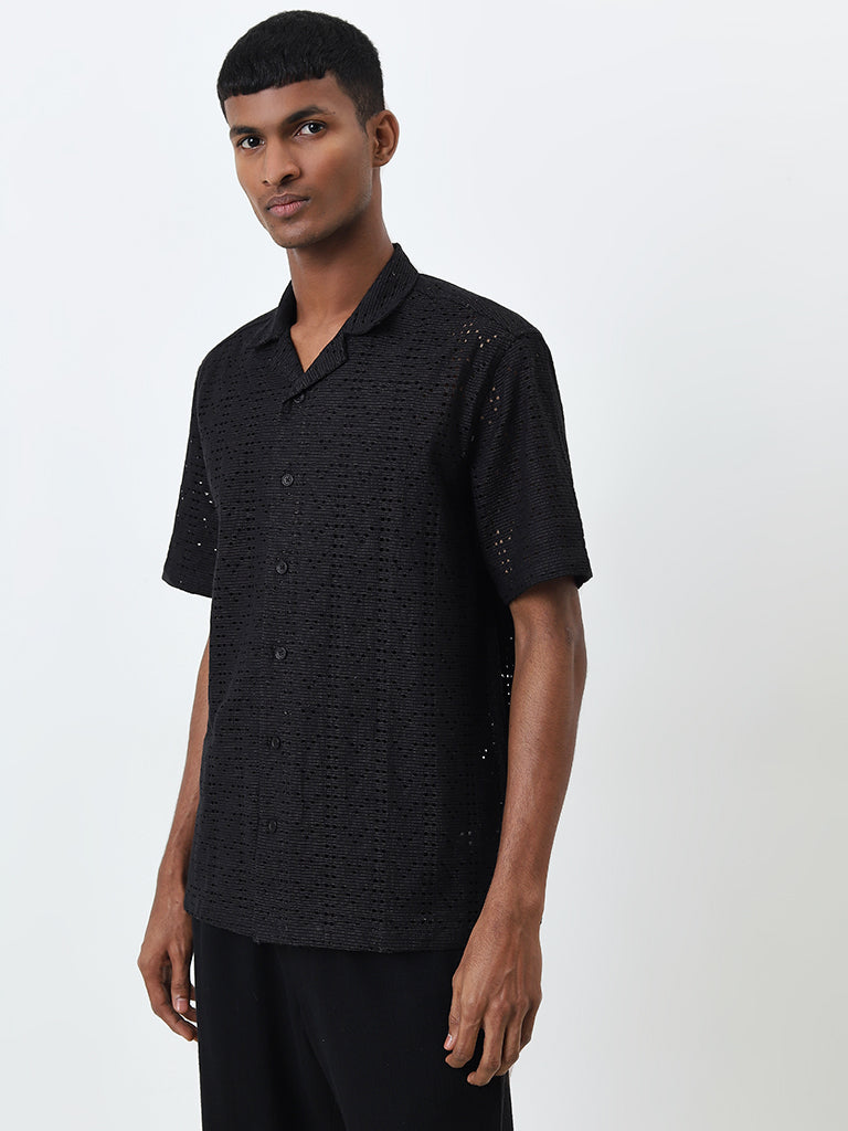 ETA Black Knit-Textured Relaxed-Fit Cotton Blend Shirt