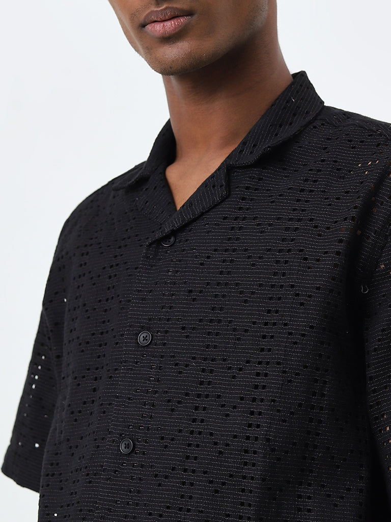 ETA Black Knit-Textured Relaxed-Fit Cotton Blend Shirt