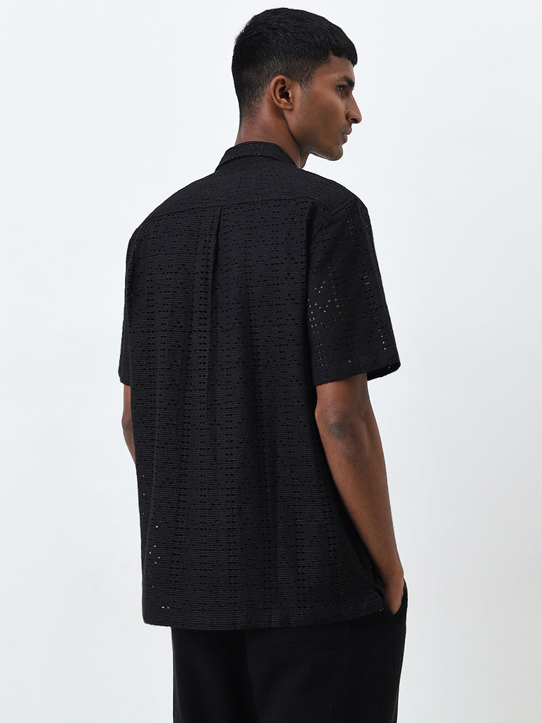 ETA Black Knit-Textured Relaxed-Fit Cotton Blend Shirt