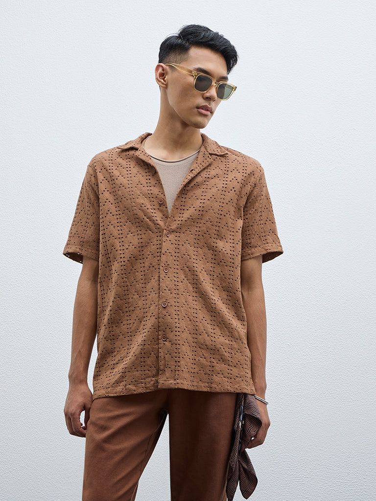 ETA Dark Brown Cut-Out Relaxed Fit Cotton Blend Shirt