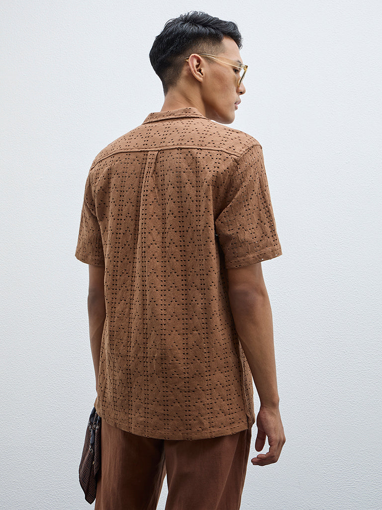 ETA Dark Brown Cut-Out Relaxed Fit Cotton Blend Shirt