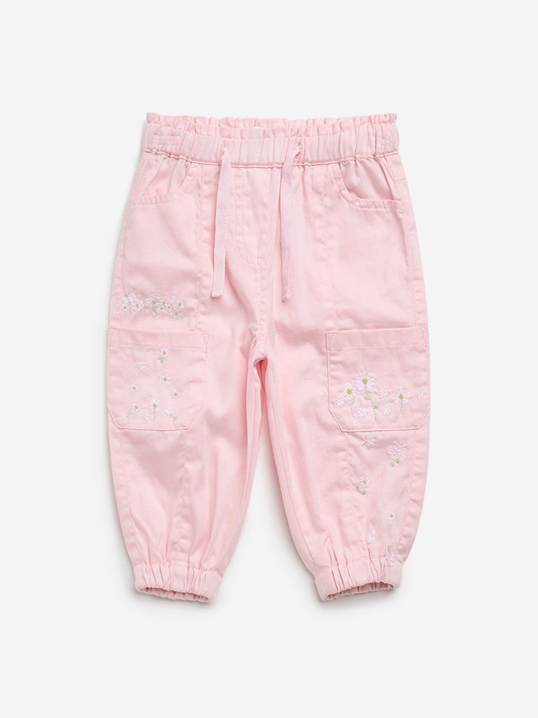 HOP Baby Pink Floral Embroidered High-Rise Cotton Pants