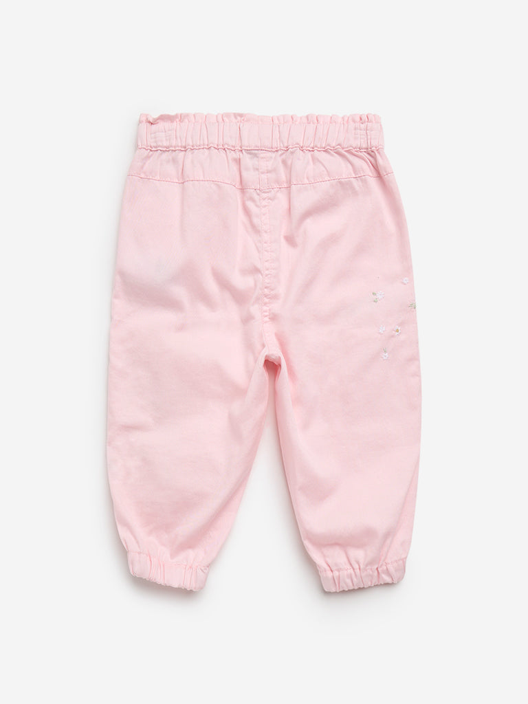 HOP Baby Pink Floral Embroidered High-Rise Cotton Pants