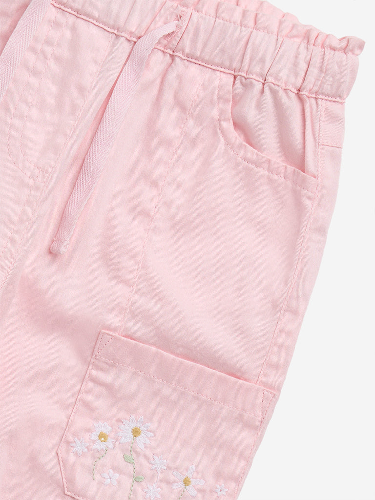 HOP Baby Pink Floral Embroidered High-Rise Cotton Pants