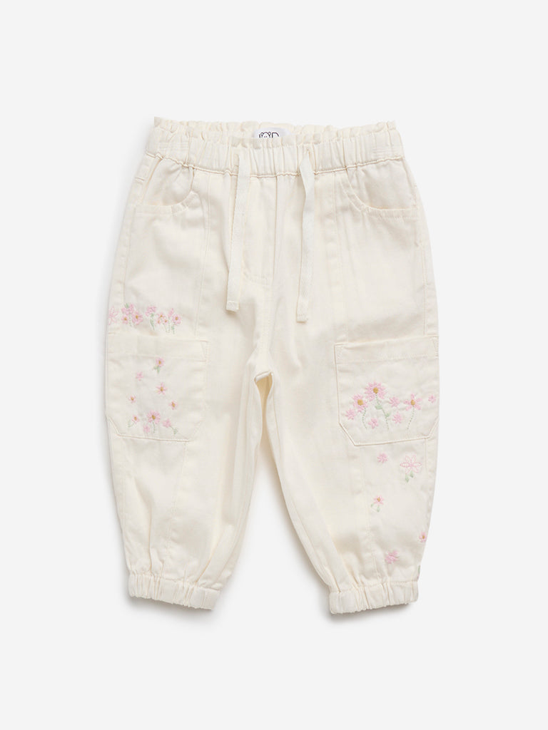 HOP Baby Off-White Floral Embroidered High-Rise Cotton Pants