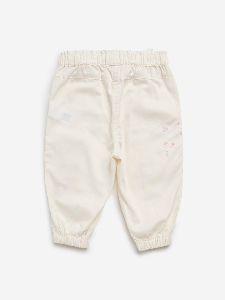 HOP Baby Off-White Floral Embroidered High-Rise Cotton Pants