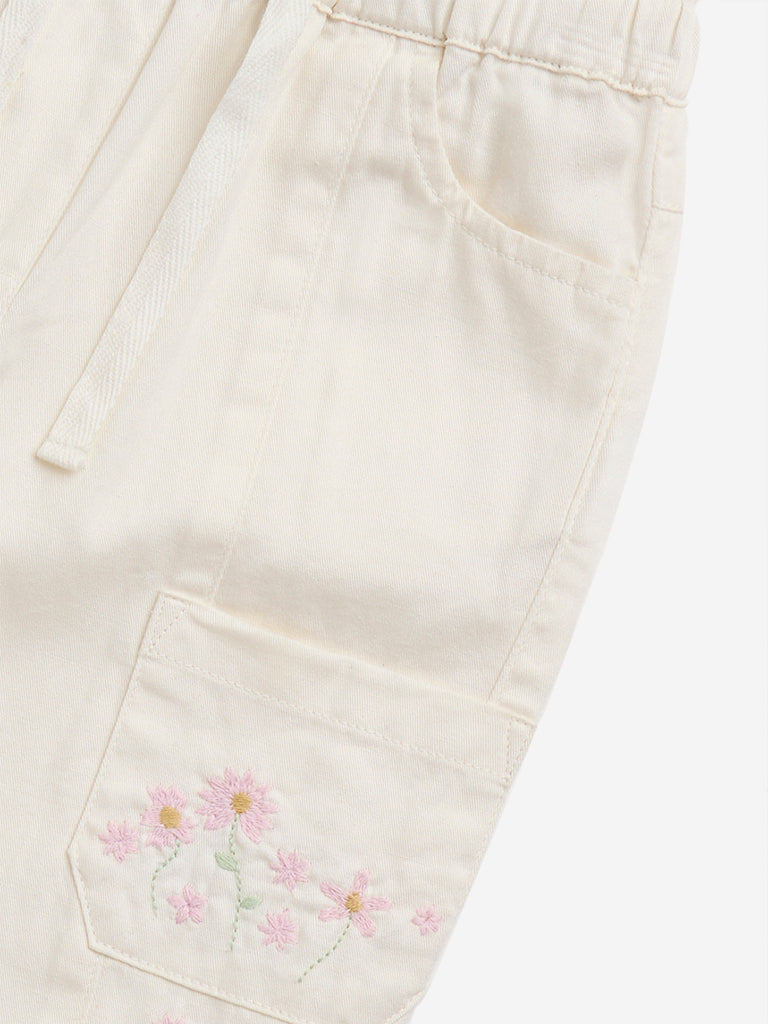 HOP Baby Off-White Floral Embroidered High-Rise Cotton Pants