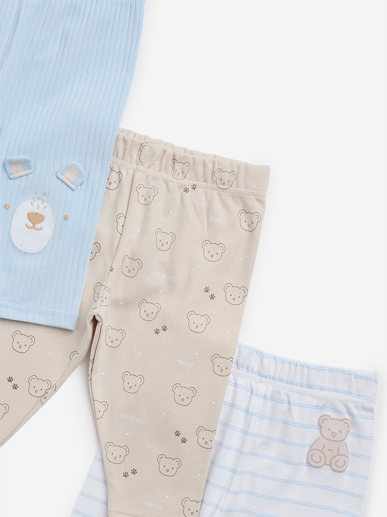 HOP Baby Light Blue Animal Print Cotton Blend Pants - Pack of 3