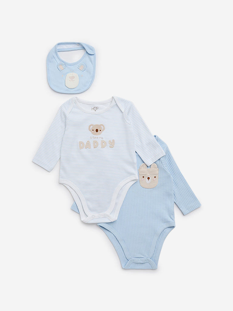 HOP Baby Light Blue Animal Print Cotton Rompers and Bib - Pack of 2