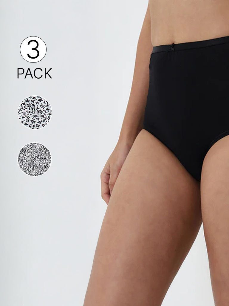 Wunderlove Black Printed Cotton Blend Full Brief - Pack of 3