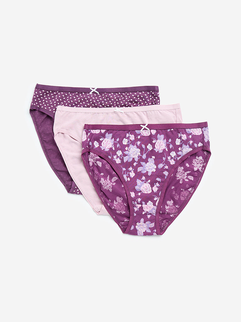 Wunderlove Violet Printed Cotton Blend Hi-Leg Briefs - Pack of 3