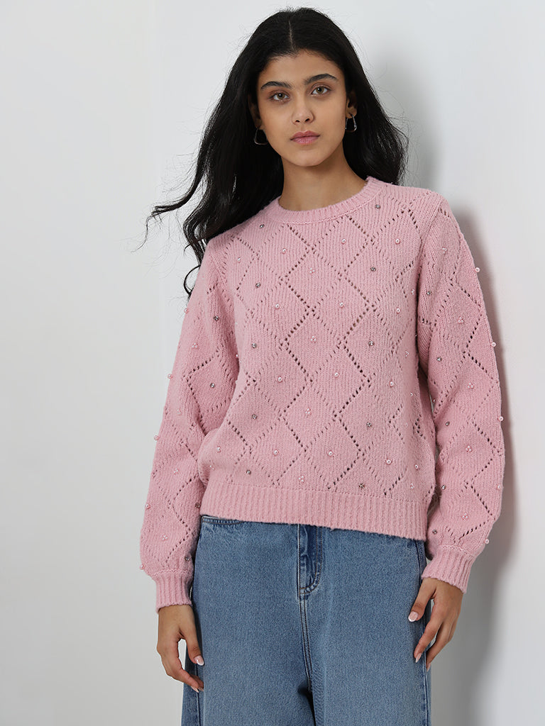 LOV Pink Pearl Embellished Sweater