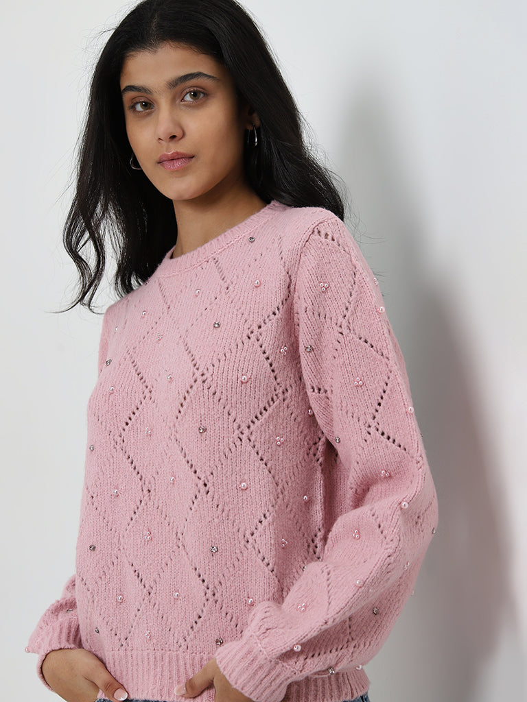 LOV Pink Pearl Embellished Sweater