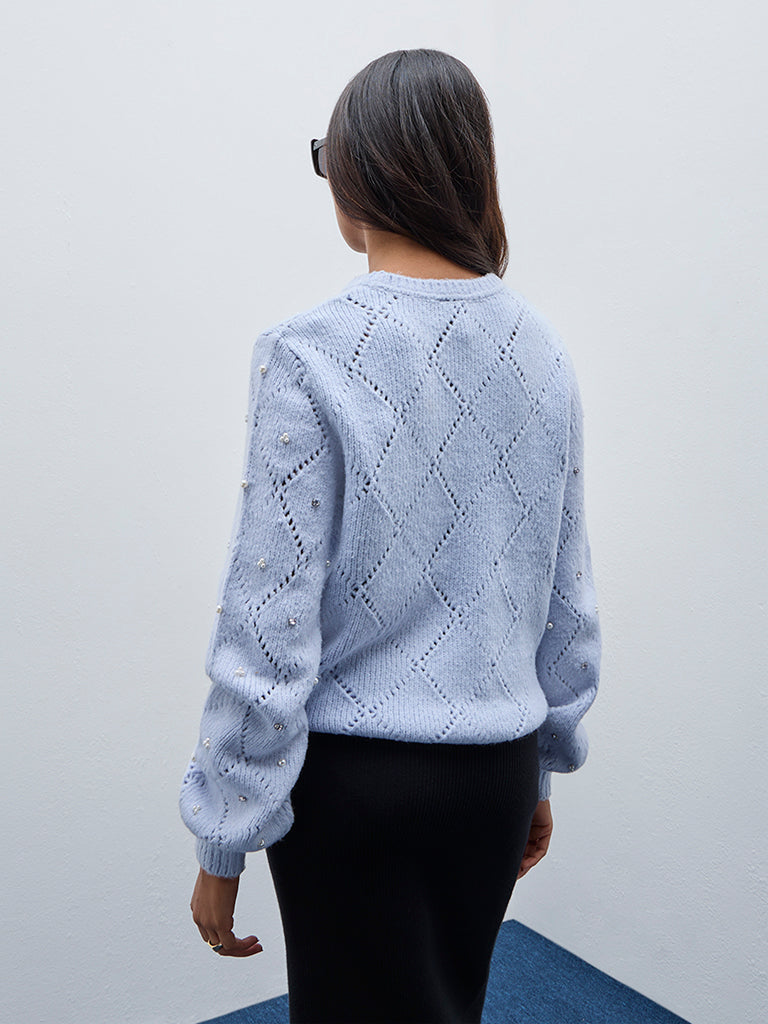 LOV Light Blue Embellished Knitted Sweater