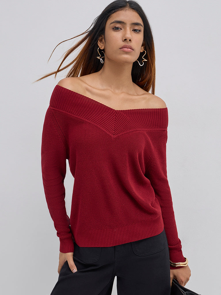 LOV Burgundy Ribbed Textured Sweater