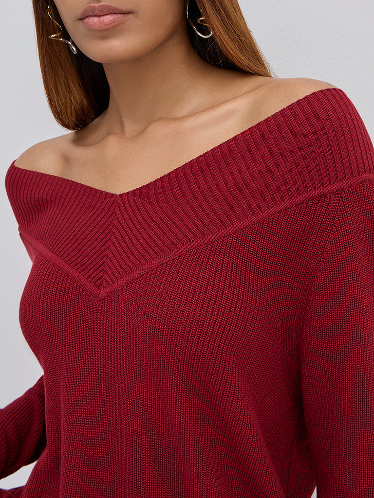 LOV Burgundy Ribbed Textured Sweater