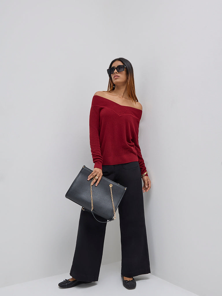 LOV Burgundy Ribbed Textured Sweater