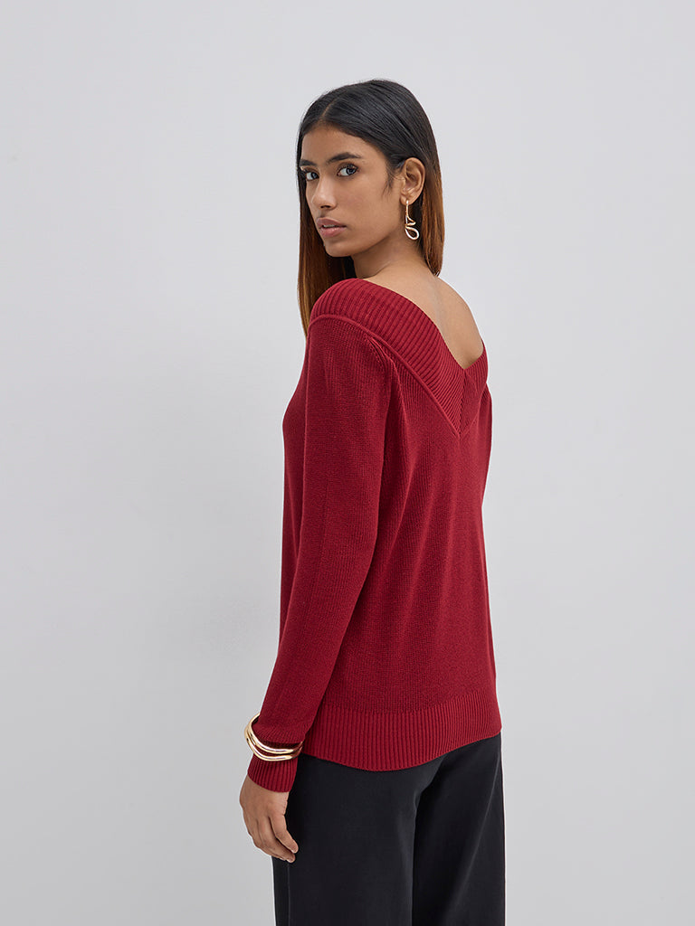 LOV Burgundy Ribbed Textured Sweater