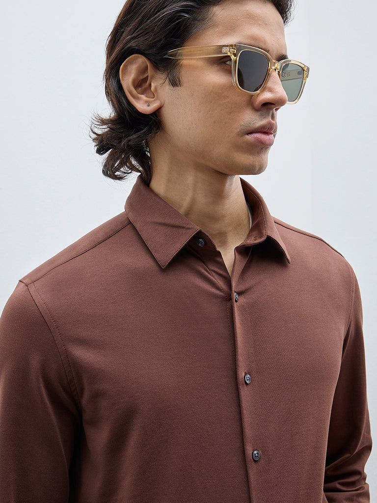 WES Formals Brown Slim-Fit Shirt