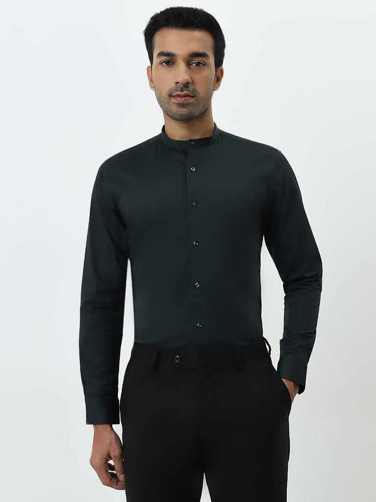 WES Formals Green Ultra Slim-Fit Cotton Blend Shirt