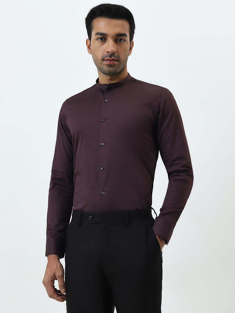 WES Formals Wine Ultra Slim-Fit Cotton Blend Shirt