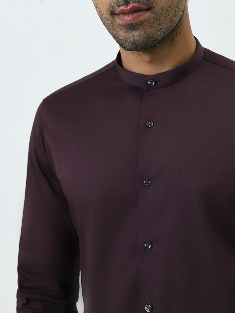 WES Formals Wine Ultra Slim-Fit Cotton Blend Shirt