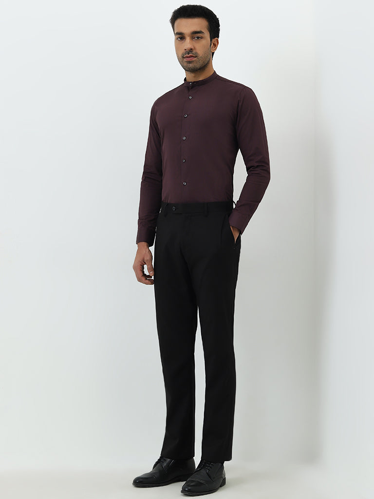 WES Formals Wine Ultra Slim-Fit Cotton Blend Shirt