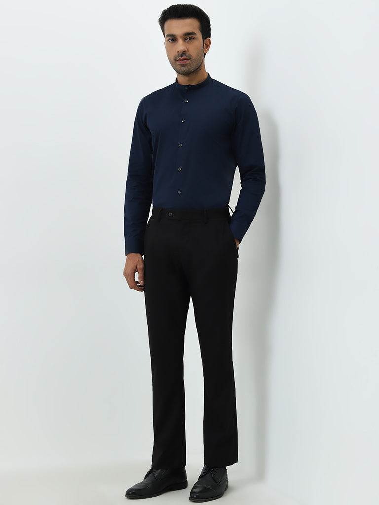 WES Formals Navy Ultra Slim-Fit Cotton Blend Shirt