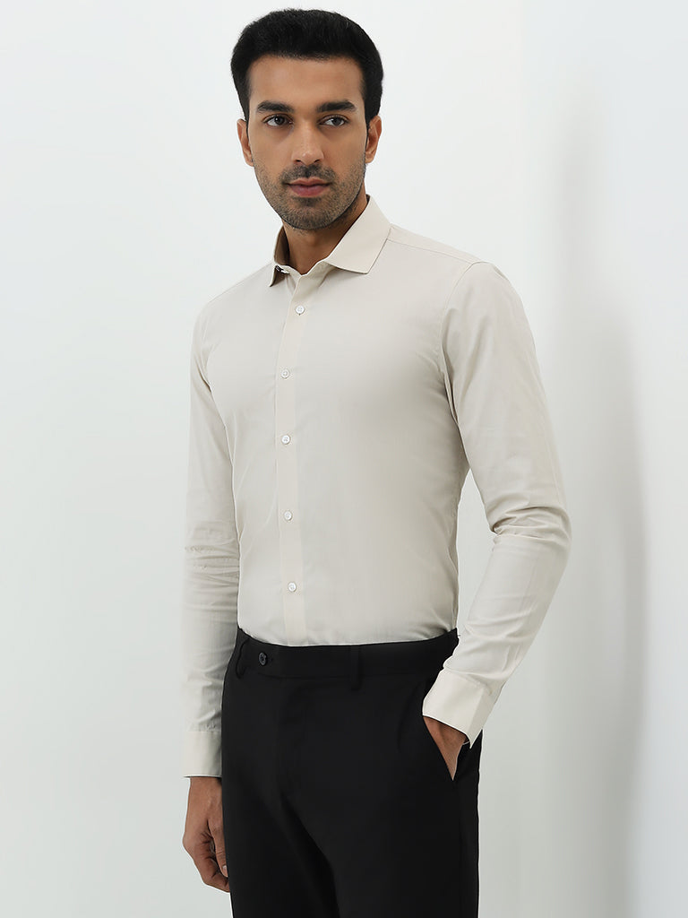 WES Formals Beige Ultra Slim-Fit Cotton Blend Shirt