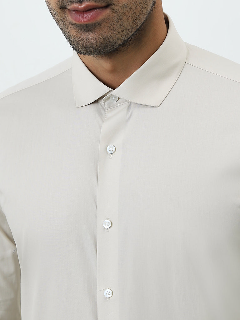 WES Formals Beige Ultra Slim-Fit Cotton Blend Shirt