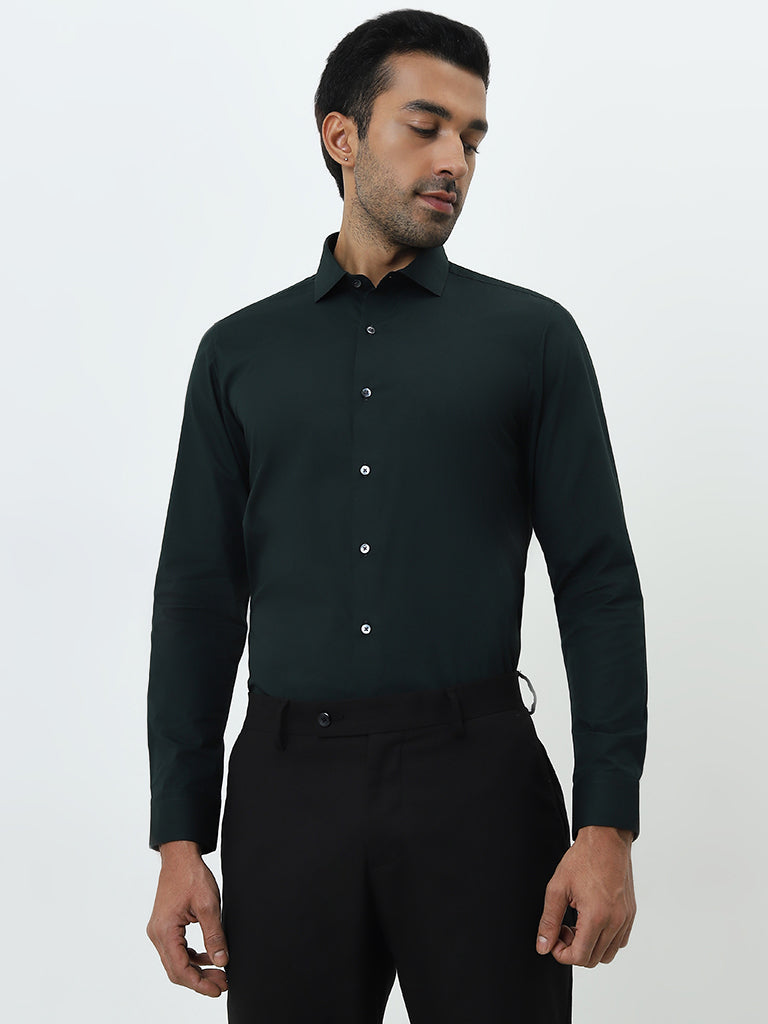 WES Formals Dark Green Ultra Slim-Fit Cotton Blend Shirt