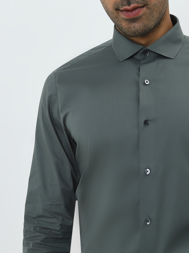 WES Formals Dark Sage Ultra Slim-Fit Cotton Blend Shirt